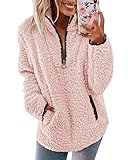 Nilimoph Pullover Damen Flauschiger Pulli Plüschjacke Teddy-Fleece Kapuzenpullover Weich Herbst Winter Warm Sweatshirt Mit Taschen 1/4 Reißverschluss Langarm Oberteile Top (Pink, L)