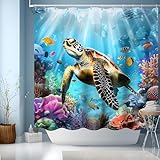 JINGYOU Duschvorhang,Wasserfeste Duschvorhänge Blau Schildkröten Shower Curtains Polyester Bad Vorhang,Beschwerter Saum, Badewanne Vorhang Schnell Trocknend für Badzimmer mit Haken (180x180cm)