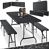 KESSER® Bierzeltgarnitur 3-teilig Set Tisch + 2X Bank, für drinnen - draußen klappbar Tragegriffe, HxBxT: 73x180x75 cm, Kunststoff, Rattan-Look Gartengarnitur, Klapptisch, Gartentisch, Schwarz