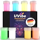 Bodypainting Farben - 8x Coole UV Farbe Körperfarbe MADE IN GERMANY - Schwarzlicht Farbe, Neon Farbe Haut und Gesicht leuchtet Tag & Nacht - Schminke Body Paint von UVibe - Body Painting Farbe Körper