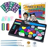 Kinderschminke Set, 20 Farben Gesichts- und Körperfarben auf Wasserbasis, Halloween 32 Schablonen 2 Haarkreiden 2 Glitzer 4 Schwämme und 4 Pinsel Bodypainting Mädchen Face Paint