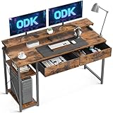 ODK Schreibtisch mit 2 Schubladen, Computertisch mit Regalen und Monitorständer, Bürotisch mit Bücherregal, Computertisch Klein PC-Tisch Officetisch für Home Office, 120x50x87cm, Rustikales Braun