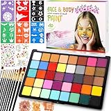 POWZOO Kinderschminke Set,40 Farben Gesichtsfarbe Schminkpalette,mit Schablonen,Pinsel,Edelsteine,Waschbar,ungiftig Body Painting Face Paint Set,für Halloween,Themenpartys sfarben Gesichtsbemalung.