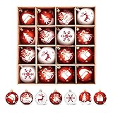 WEARXI Weihnachtskugeln - 16pc 6cm Christbaumkugeln Kunststoff , Weihnachtsdeko mit Aufhänger, Weihnachtsbaumkugeln für Klassische Weihnachtsbaumschmuck Rot Weiß