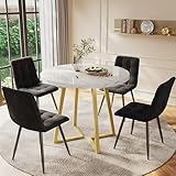 HAUSPROFI Esstisch mit 4 Stühlen, Esstisch Rund 80cm Weiß mit Samt-polsterstühle Küchenstühle, Esszimmertische Küchentisch Klein mit Essstühle 4er Sitzgruppe (Golden+Schwarz)