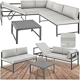 tectake® Gartenmöbel Set, 2X Sofa mit Kissen und Tisch, Sitzecke Outdoor Lounge mit Verstellbarer Rückenlehne, Möbel wetterfest für Balkon, Garten, Terrasse oder Wintergarten - hellgrau