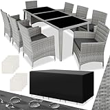 tectake Aluminium Poly Rattan Gartenmöbel Set 8 Stühle mit Tisch mit Glasplatten, inkl. 2 Bezugssets und Schutzhülle, wetterfeste Balkon Möbel - hellgrau