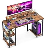 ODK Schreibtisch, Gaming Tisch mit Regal Reversibel 120x50x86.5cm Computertisch mit Monitorständer, PC Tisch Bürotisch für Büro, Wohnzimmer, Vintage Braun