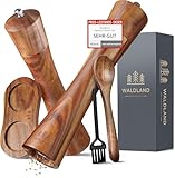 WALDLAND® Salz und Pfeffermühle aus Holz mit Untersetzer Gross (21 cm) | Gewürzmühlen mit hochleistungs - Keramikmahlwerk | Pfeffer und Salzmühle Set