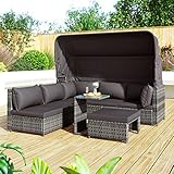 KUAKE Gartenlounge-SetRattan Sonneninsel Sitzgruppe, Sofa mit Sonnendach, Hocker, Sesseln und Tisch, Outdoor Gartenmöbel, Loungemöbel Balkon und Garten, Terrassenmöbel, wetterfest - Dunkelgrau