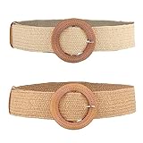 2St Braided Belt Women für Kleider Frauen, Stroh Elastische Stretch Waist Belts Sommer Strand Kleid Gürtel Damen Geflochtene Holzschnalle Breite Taillengürtel für Frauen Kleider(Weiß, Hellbraun)