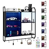 YU YUSING Schwebende Regale mit LED, Wandregal Gaming-Regale mit 6 Haken, Display-Regale, Wandvitrine mit 2 Glasböden, Hängevitrine für Schlafzimmer Küche Bar Büro Spielzimmer-Dekoration, Schwarz