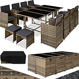 tectake Gartenlounge Set, Polyrattan Gartenmöbel Set, 8+4+1 Sitzgruppe, 8 Stühle 4 Hocker 1 Tisch, Balkon Möbel als Würfel verstaubar, für Garten, Balkon, Terrasse - Natur/dunkelgrau