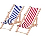 SUNRIZ Miniatur-Strandstuhl, 2er-Set, Holz-Deko-Puppen-Liegestuhl, Handyhalter, Mini-Stuhl, Klappstuhl, Sitz aus blauem und weißem Stoff, ca. 11 x 5 cm