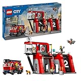 LEGO City Feuerwehrstation mit Drehleiterfahrzeug, Feuerwehr-Spielzeug mit Feuerwache und Feuerwehrauto, Geschenkidee für Kinder ab 6 Jahren, Set mit Hund und 5 Minifiguren 60414