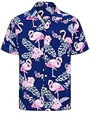 J.VER Herren Hawaiihemd Kurzarm Sommerhemd Casual Flamingo Floral Strandhemd Bügelfrei Button Down Kurzarm Hawaii Shirt Faltenfrei Urlaub Shirt,Blau Flamingo,XL