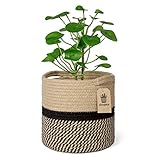 Goodpick Blumentopf Übertopf Korb Baumwolle Seil Pflanzkorb Aufbewahrungskorb Geflochten für Spielzeug Decken im Kinderzimmer 21x21cm, Schwarz & Jute