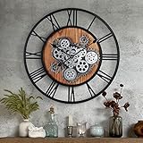 Lafocuse Wanduhr Groß mit Beweglichen Zahnrädern Industrial Steampunk XXL Holz Vintage Retro Schwarz Romische Zahlen 57 cm für Küche Wohnzimmer Bar