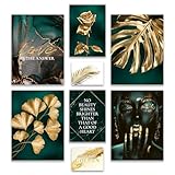 ARTFAVES® Poster Set - GOLDEN LEAVES - mehrteilige Wanddeko Wohnzimmer & Schlafzimmer - 8 moderne Wandbilder gold, türkis, Pflanzen, Blätter, Monstera - ohne Bilderrahmen