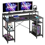 Bestier Großer Schreibtisch, Computertisch,PC-Tisch, Bürotisch, Gaming Tisch mit 4 Ablagen und Monitor Ablage, Gaming Schreibtisch fürs Büro Wohnzimmer, Industrie-Design， 140cm, Schwarze Kohlefaser