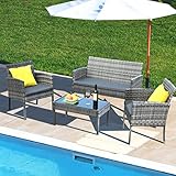 Balkonmöbel set 4 teilig,Gartenmöbel Set Rattan PE, Balkon Lounge set,Gartenlounge,Terassenmöbel,Polyrattan Sitzgruppe Wetterfest,Doppelsofa, 2 x Sessel & Tisch,für Terrasse, Balkon,Schwimmbad