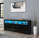 Senvoziii Sideboard Hochglanz Matt Anrichte Schrank mit 2 Türen 3 Schubladen & LED Beleuchtung TV Lowboard Für Esszimmer Wohnzimmer Möbel Schwarz