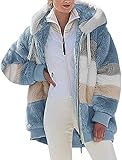 Fleecejacke Hoodie Damen Kapuzenpullover Teddy-Fleece Warm Herbst Wintermantel Stilvoller ReißVerschluss Fellmantel PlüSchjacke Mit Taschen (Blau, XXL)