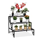 Relaxdays Blumentreppe Metall, 3 Stufen, Outdoor und Indoor, Pflanzentreppe mit Verzierung, HBT 69 x 70 x 60 cm, schwarz