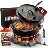 GUSSKÖNIG Dutch Oven Set [9L] - Eingebrannter Feuertopf mit praktischem Deckelheber und Füßen