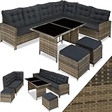 tectake Polyrattan Lounge Set, Gartenmöbel Set mit Sofa, Hocker + Tisch, Balkon Möbel Outdoor, 5-teilige Sitzgruppe, inkl. Sitz- & Rückenkissen, ideal für Garten, Terrasse, Balkon - Natur