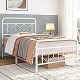 Yaheetech Vintage Metallbett 90 x 200 cm, Bettrahmen Bettgestell mit Hohem Kopfteil, Moderner Minimalistischer Einzelbett mit Lattenrost für Schlafzimmer, Rauchiges Weiß