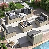 Amopatio Lounge Gartenmöbel Set, Rattanmöbel Balkonmöbel für 6 Personen, Gartengarnitur Sitzgruppe Wetterfest mit Sofa, Sessel, Tisch & Kissen für Terrasse, Balkon, Poolränder, Grau