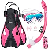 UPhitnis Schnorchelset Kinder mit Flossen,Anti-Fog 180°Panorama Taucherbrille Kinder, Verstellbaren Schwimmflossen und Premium Dry Schnorchel,3 in 1 Schnorcheln Set für Kinder mit Tragetasche