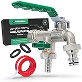 RAVENBOLD Universal Wasserhahn Garten 1/2 Zoll [+ 3/4 Zoll Adapter] - frostsicherer Doppel Garten Wasserhahn aussen - für Bewässerungssystem und Regentonne - Gartenwasserhahn mit Kugelauslaufventil