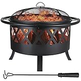 Feuerschale, Feuerschalen für den Garten, Ø 81cm Feuerschale mit funkenschutz und Schürhaken, Feuerkorb mit Grillrost(Ø 58cm), BBQ Feuerstelle Outdoor, Schwarz, Groß