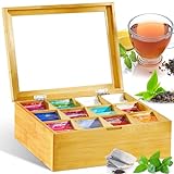 GUHAOOL Teebox, Teebox aus Holz mit 12 Fächern 28 x 22.5 x 9 cm,Teebeutel Aufbewahrungsbox,Teekiste mit Sichtfenster,Flexibel Einstellbare Fächer,Teebeutelbox für Aromageschützte Aufbewahrung von Tee