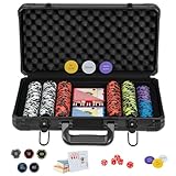 COSTWAY Pokerset mit 300 Laser-Chips, Pokerkoffer mit 2 Spielkarten, 5 Würfeln, 3 Händler-Chips &2 Schlüsseln, Aluminium Kasino Pokerkoffer abschließbar, Poker Komplett Set (300 pcs)