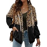 ABINGOO Damen Kapuzenjacke Warm Mantel Teddy-Fleece Plüschjacke Leopard Casuale Zip Hoodie Cardigan Outwear,Schwarz,M