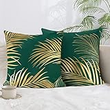 Bonhause 2er Set Kissenbezüge Goldene Blätter 45 x 45 cm Samt Soft Grün Dekorative Kissenhülle Goldfolien-Druck Zierkissenbezüge für Sofa Schlafzimmer Wohnzimmer Auto Zuhause Dekoration