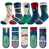 Kyopp 5 Paar Stoppersocken Kinder Baumwolle Socken Jungen Mädchen ABS Anti Rutsch Socken Tiermotive 25-37EU（ABS-Dinosaurier M）