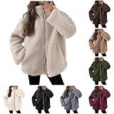 Weiße Fleecejacke Damen, Teddyjacke Damen Warme Doppelschneidiger Samt Jacke Dicke Freizeit Winterjacke Einfarbig Fleecejacke mit Taschen Reißverschluss Wintermantel 2024 Neueste Plüschjacke