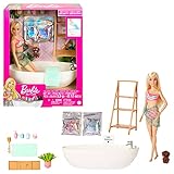 Barbie Self-Care Serie, Konfetti-Bad, Barbie-Puppe mit blonden Haaren, Badeanzug, Welpe,2 Konfetti-Seifenpackungen, Barbie-Accessoires, 1x Barbie-Puppe enthalten, als Geschenk geeignet,HKT92