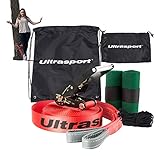 Ultrasport 15m Slackline Advance mit Ratsche inkl. Tragetasche, Slackline für Anfänger, Kinder und Familien, erhältlich mit Baumschutz, Slackline-Set, Fitness Slackline, rot