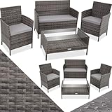 4-teilige Sitzgruppe, Lounge Gartenmöbel Set mit Sofa und Tisch mit Glasplatte, Outdoor Essgruppe für Garten und Balkon, frei zu gruppierende Lounge Möbel, Rattan Geflecht wetterfest