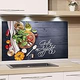 GRAZDesign Spritzschutz Küche Herd, Gemüse auf Holz, dunkelgrau mit Guten Appetit, Küchenrückwand aus Echtglas, Wandschutz Glasbild 4mm ESG Glas / 60x40cm