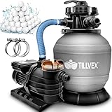 tillvex Sandfilteranlage Pool 10 m³/h inkl. 800g Filterbälle | Filteranlage 7-Wege Ventil & 2in1 Adapter Ø32mm - 38mm | Poolfilter mit Druckanzeige | Sandfilter für Schwimmbecken (Grau)