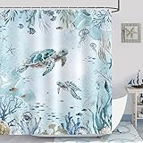 Bonhause Duschvorhang Meeresschildkröte Blauer Ozean Strand Küste Duschvorhänge 180 x 200 cm Anti-Schimmel Wasserdicht Polyester Stoff Waschbar Bad Vorhäng für Badzimmer mit 12 Haken