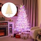 COSTWAY 180 cm Weihnachtsbaum Künstlich mit Beleuchtung, Tannenbaum mit Schnee, 11 Lichtmodi, 2 Lichtfarben, beleuchteter Christbaum mit 300 LEDs & Metallständer, für Zuhause Büro Geschäfte, Weiß