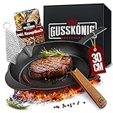 GUSSKÖNIG Gusseisenpfanne - 30cm Pfanne Gusseisen - Grillpfanne Gasgrill - Eingebrannte Gusseisen-Pfanne - Cast Iron Pan - Robuste Gusspfanne + Echtleder Griffschutz - inkl. Ringreiniger & Rezeptbuch