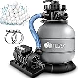 tillvex® Sandfilteranlage Pool 7.900L/h inkl. 400g Filterbälle | Filteranlage 7-Wege Ventil & 2in1 Adapter Ø32mm - 38mm | Poolfilter mit Druckanzeige | Sandfilter für Schwimmbecken (Grau)